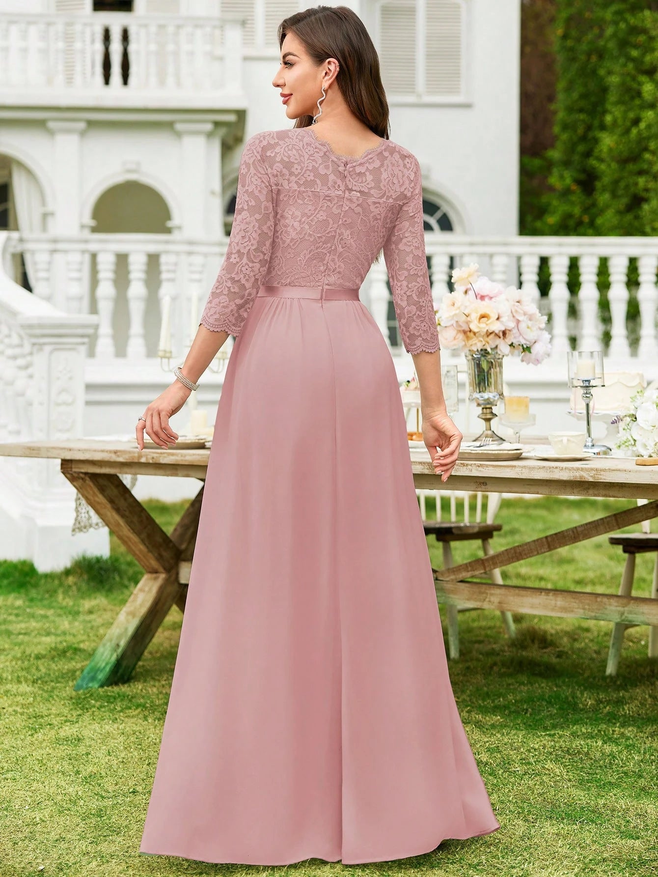 MIUSOL Floral Lace Chiffon Pleated Hem Long Evening Party Dress, Elegant Women's Gown, Ball Gown Pink
