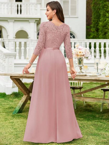 MIUSOL Floral Lace Chiffon Pleated Hem Long Evening Party Dress, Elegant Women's Gown, Ball Gown Pink