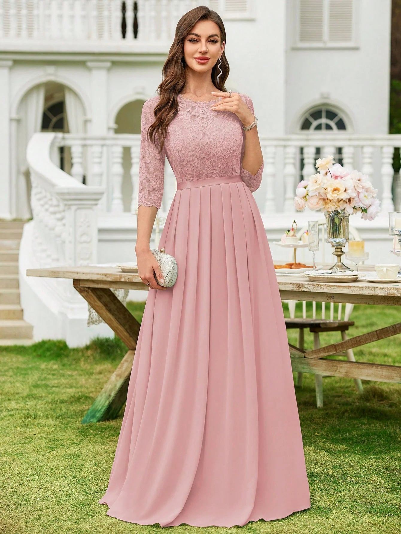 MIUSOL Floral Lace Chiffon Pleated Hem Long Evening Party Dress, Elegant Women's Gown, Ball Gown Pink