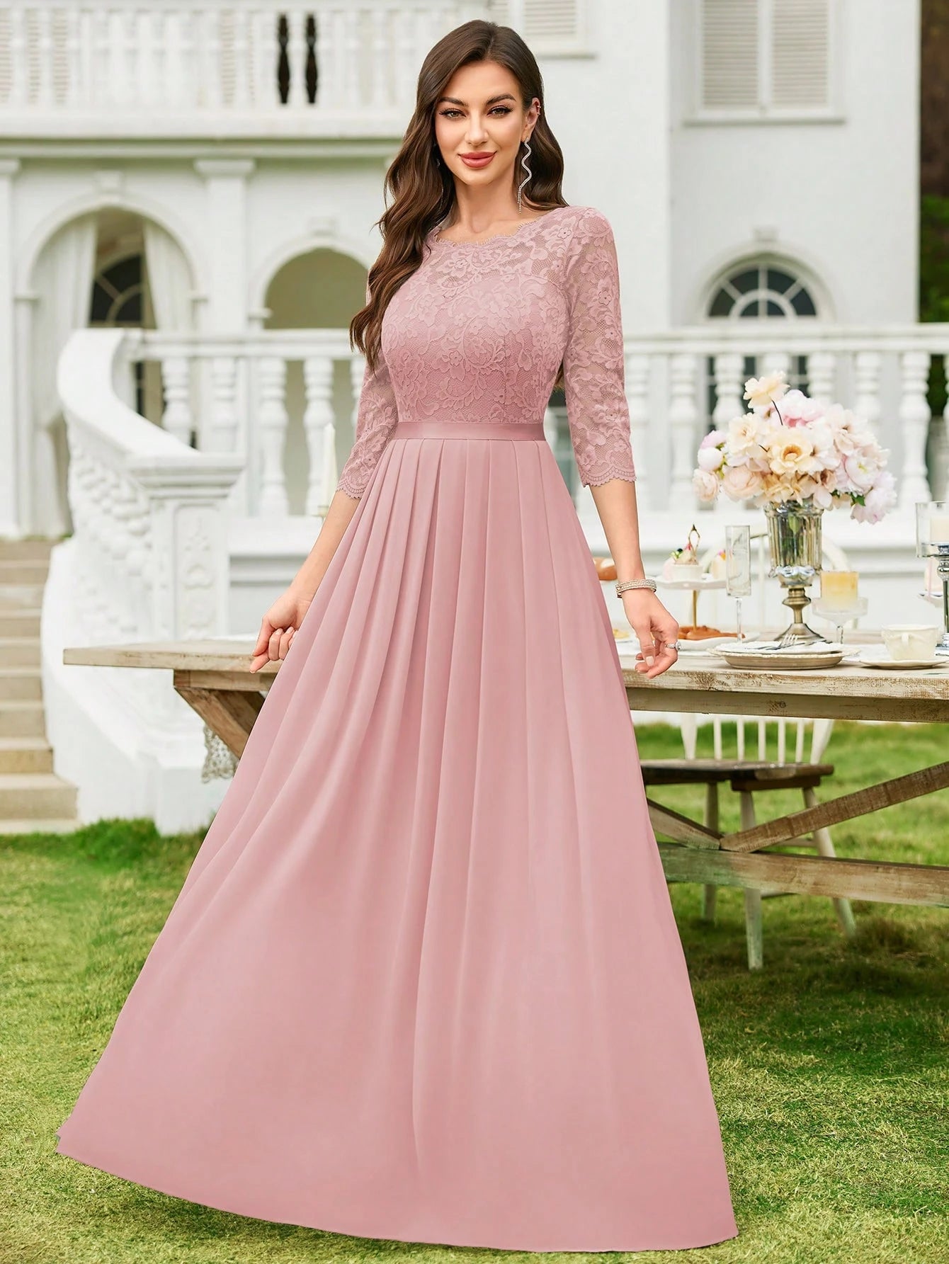 MIUSOL Floral Lace Chiffon Pleated Hem Long Evening Party Dress, Elegant Women's Gown, Ball Gown Pink