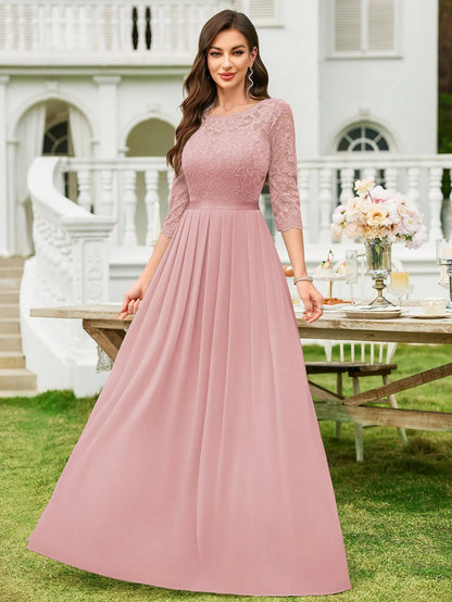 MIUSOL Floral Lace Chiffon Pleated Hem Long Evening Party Dress, Elegant Women's Gown, Ball Gown Pink