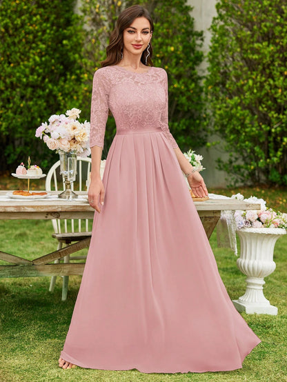 MIUSOL Floral Lace Chiffon Pleated Hem Long Evening Party Dress, Elegant Women's Gown, Ball Gown Pink