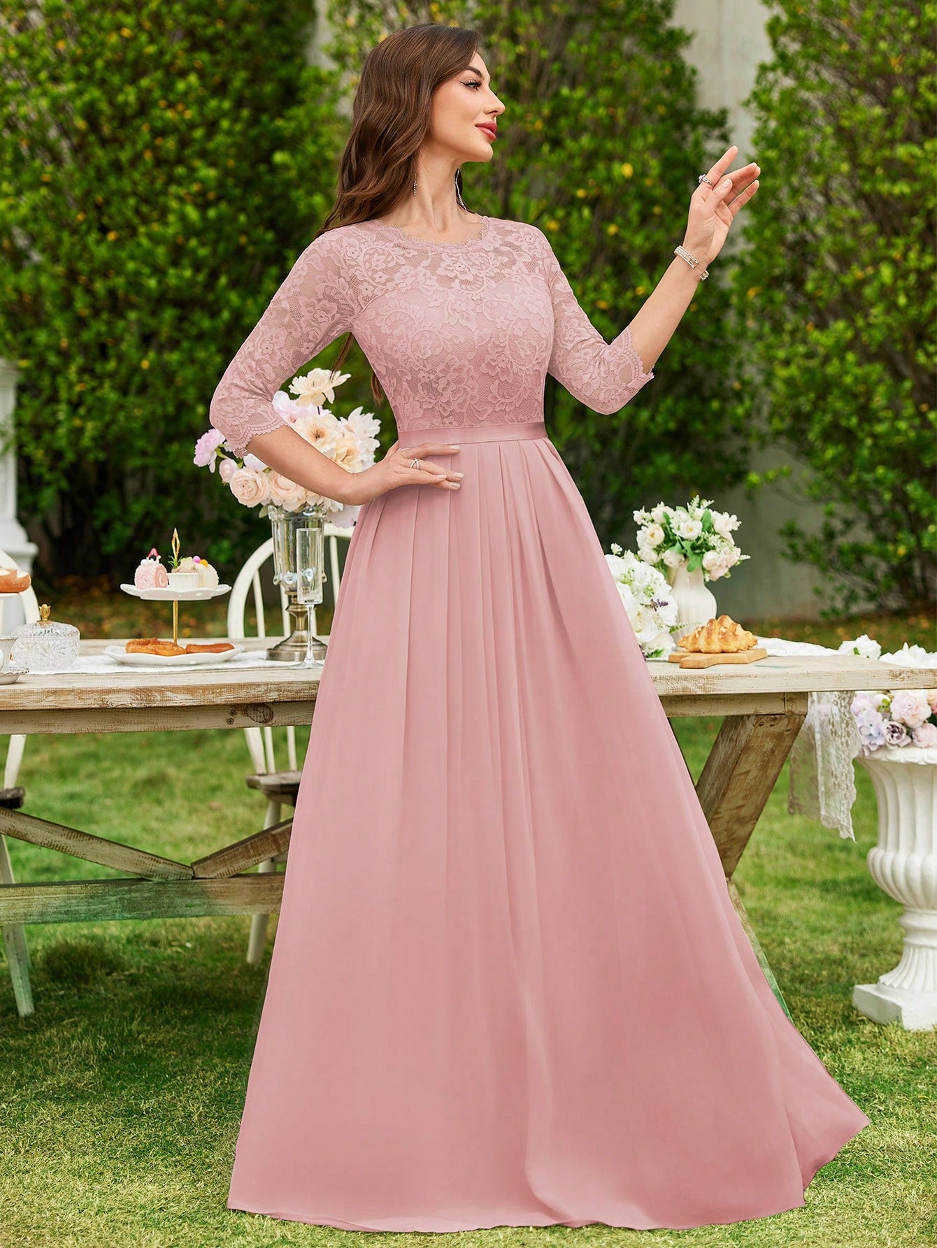MIUSOL Floral Lace Chiffon Pleated Hem Long Evening Party Dress, Elegant Women's Gown, Ball Gown Pink
