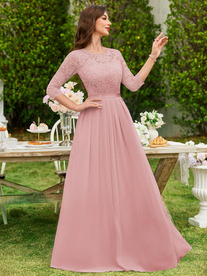 MIUSOL Floral Lace Chiffon Pleated Hem Long Evening Party Dress, Elegant Women's Gown, Ball Gown Pink