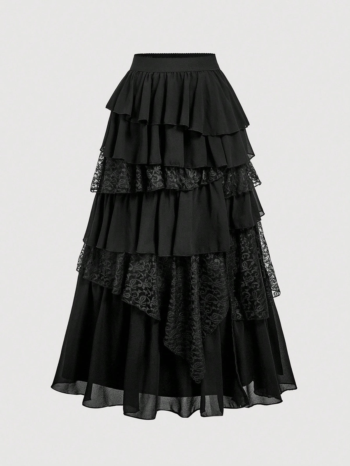 MOD Boho-Western Elegance: 70s Flowy Chiffon & Lace Maxi Skirt In Black- Your Effortless Companion For Golden Hour Picnics & Bohemian Adventures