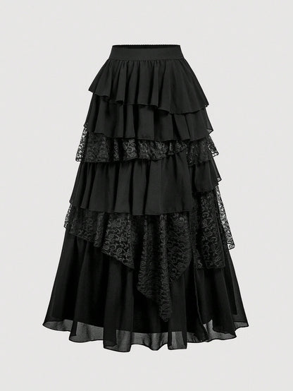 MOD Boho-Western Elegance: 70s Flowy Chiffon & Lace Maxi Skirt In Black- Your Effortless Companion For Golden Hour Picnics & Bohemian Adventures