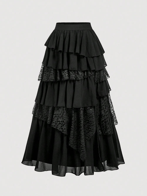 MOD Boho-Western Elegance: 70s Flowy Chiffon & Lace Maxi Skirt In Black- Your Effortless Companion For Golden Hour Picnics & Bohemian Adventures