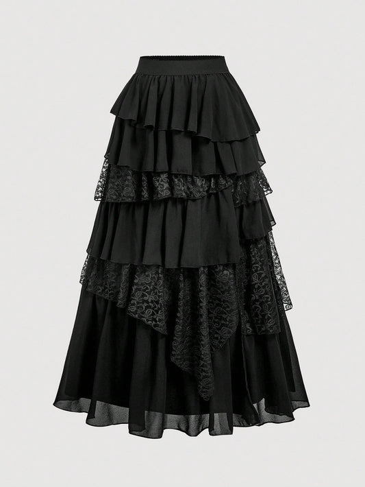 MOD Boho-Western Elegance: 70s Flowy Chiffon & Lace Maxi Skirt In Black- Your Effortless Companion For Golden Hour Picnics & Bohemian Adventures