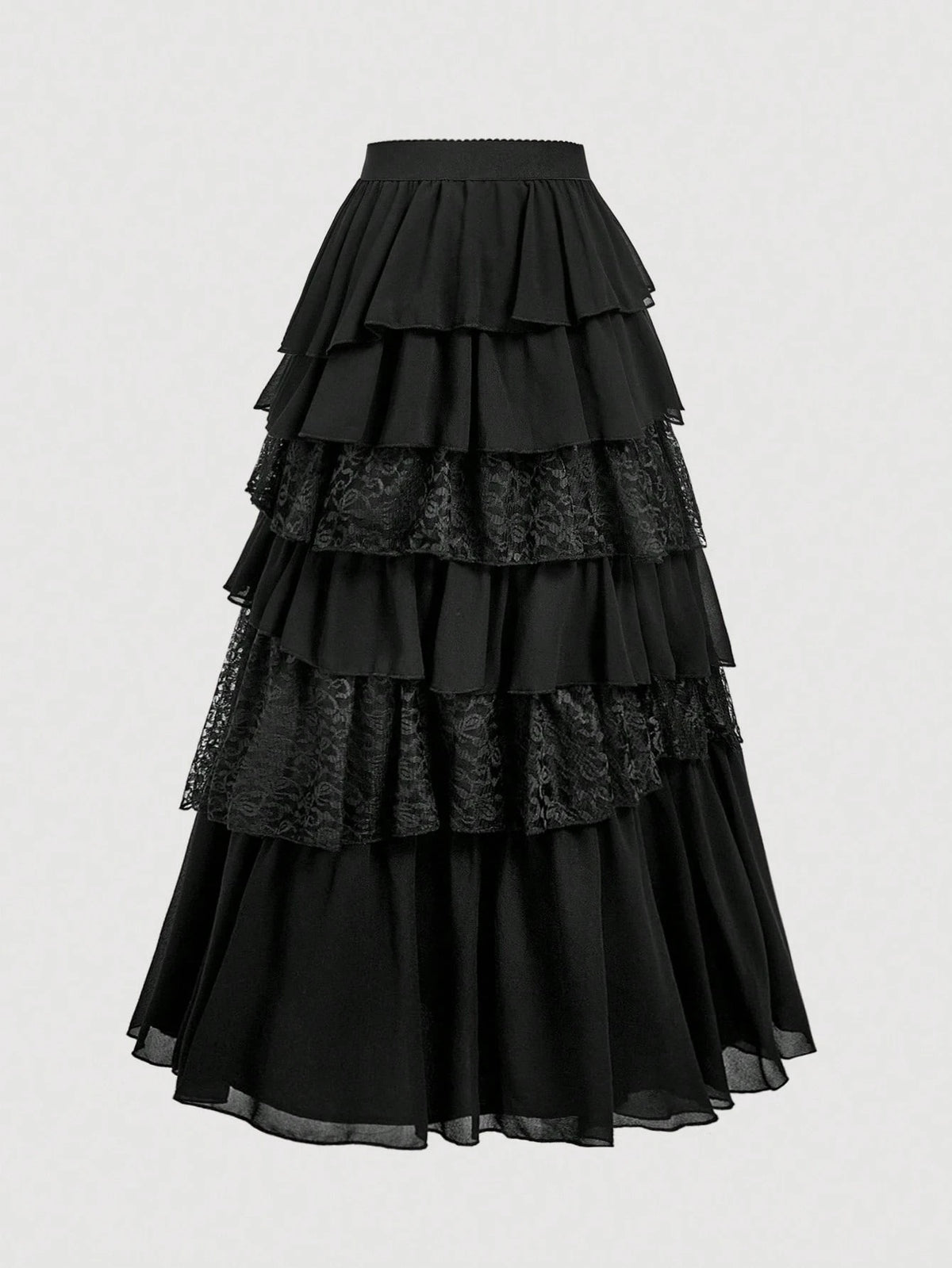 MOD Boho-Western Elegance: 70s Flowy Chiffon & Lace Maxi Skirt In Black- Your Effortless Companion For Golden Hour Picnics & Bohemian Adventures