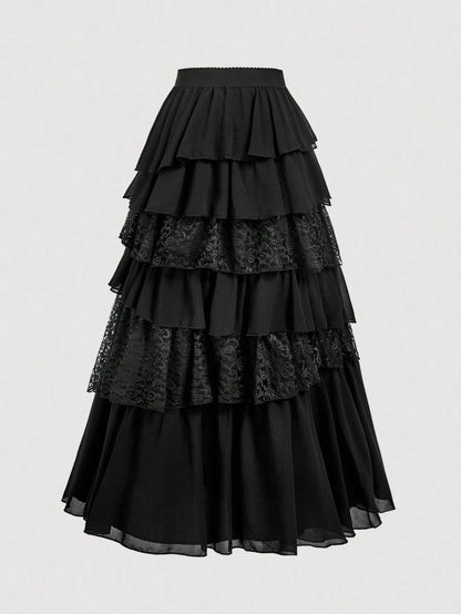 MOD Boho-Western Elegance: 70s Flowy Chiffon & Lace Maxi Skirt In Black- Your Effortless Companion For Golden Hour Picnics & Bohemian Adventures