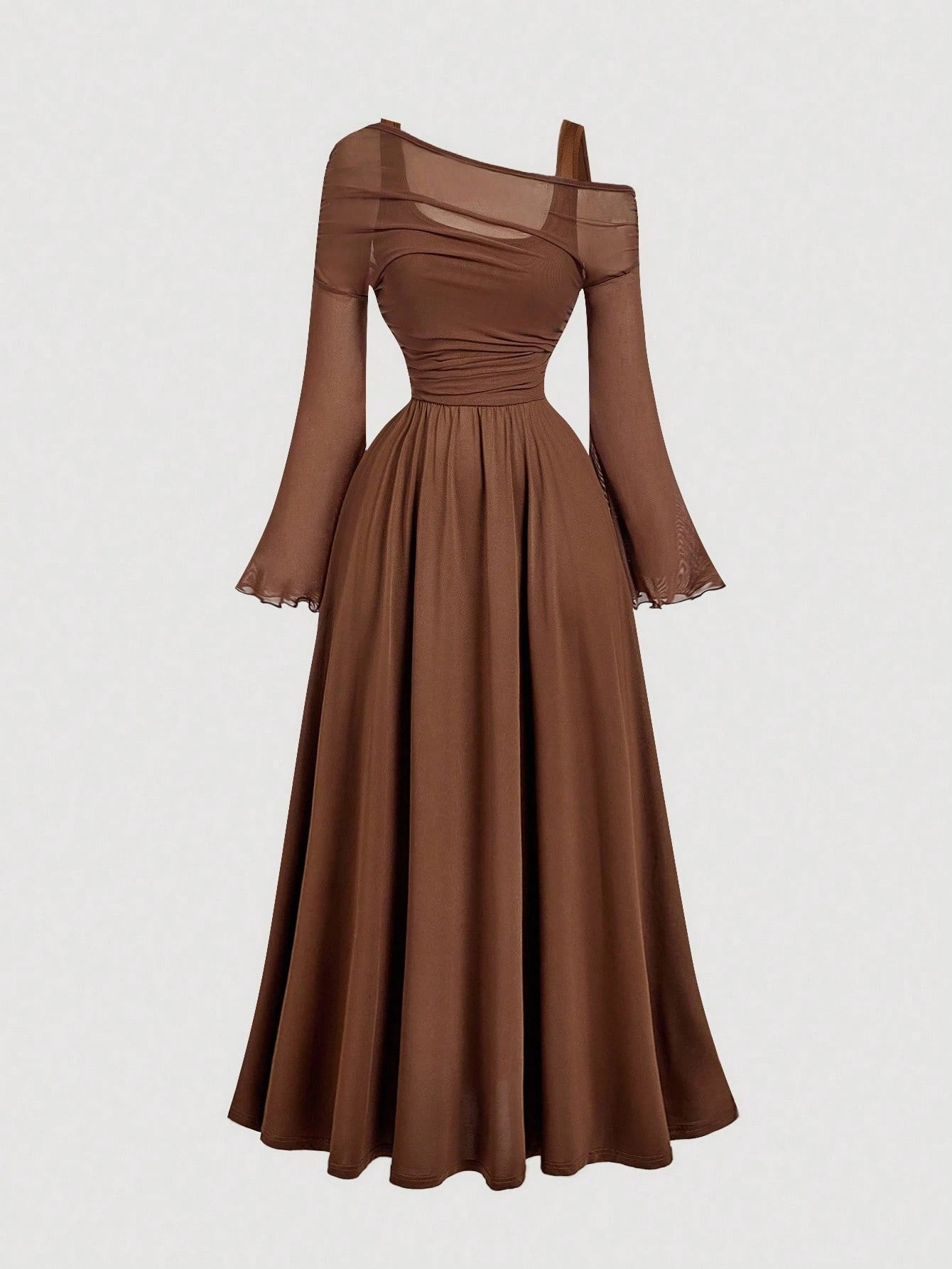 MOD Brown Off-Shoulder Mesh 2in1 Trumpet Sleeve Long Sleeve Women's Dress,Western,Vintage,70s,The Bachelorette,Fall,Wedding Guest Dress Women