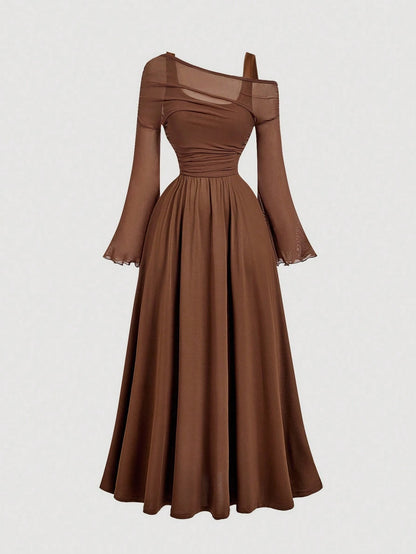 MOD Brown Off-Shoulder Mesh 2in1 Trumpet Sleeve Long Sleeve Women's Dress,Western,Vintage,70s,The Bachelorette,Fall,Wedding Guest Dress Women