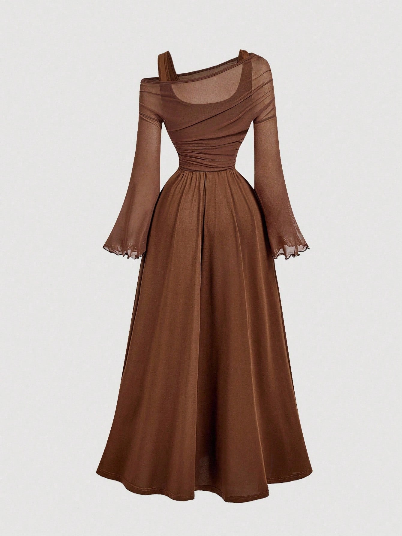 MOD Brown Off-Shoulder Mesh 2in1 Trumpet Sleeve Long Sleeve Women's Dress,Western,Vintage,70s,The Bachelorette,Fall,Wedding Guest Dress Women