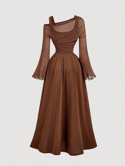 MOD Brown Off-Shoulder Mesh 2in1 Trumpet Sleeve Long Sleeve Women's Dress,Western,Vintage,70s,The Bachelorette,Fall,Wedding Guest Dress Women
