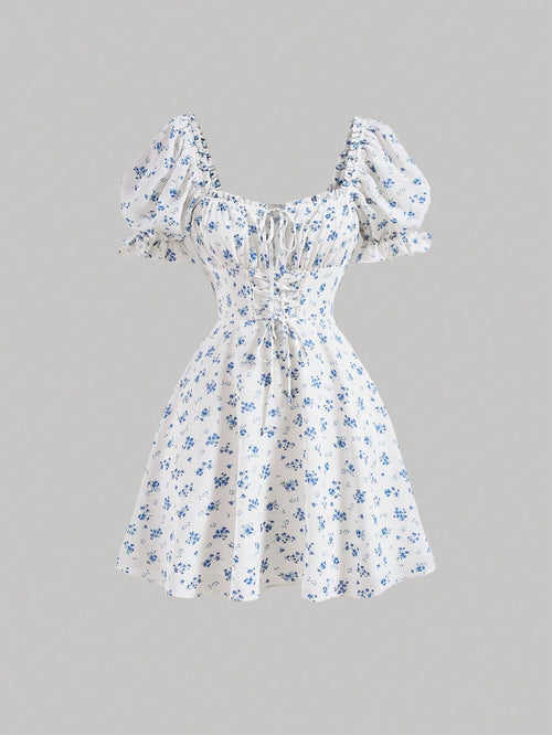 MOD Ditsy Floral Print Tie Front Puff Sleeve Blue And White Breast Cup Pleated Short Dress, Graduation Dress