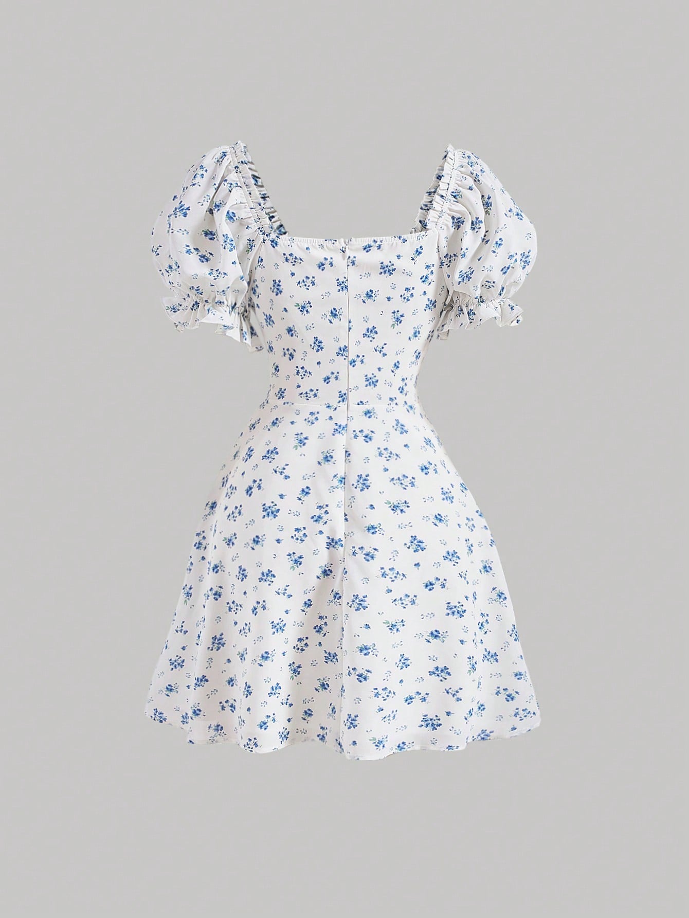 MOD Ditsy Floral Print Tie Front Puff Sleeve Blue And White Breast Cup Pleated Short Dress, Graduation Dress