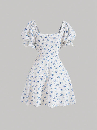 MOD Ditsy Floral Print Tie Front Puff Sleeve Blue And White Breast Cup Pleated Short Dress, Graduation Dress