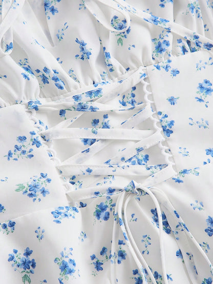 MOD Ditsy Floral Print Tie Front Puff Sleeve Blue And White Breast Cup Pleated Short Dress, Graduation Dress