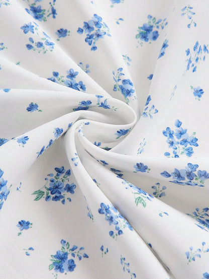 MOD Ditsy Floral Print Tie Front Puff Sleeve Blue And White Breast Cup Pleated Short Dress, Graduation Dress