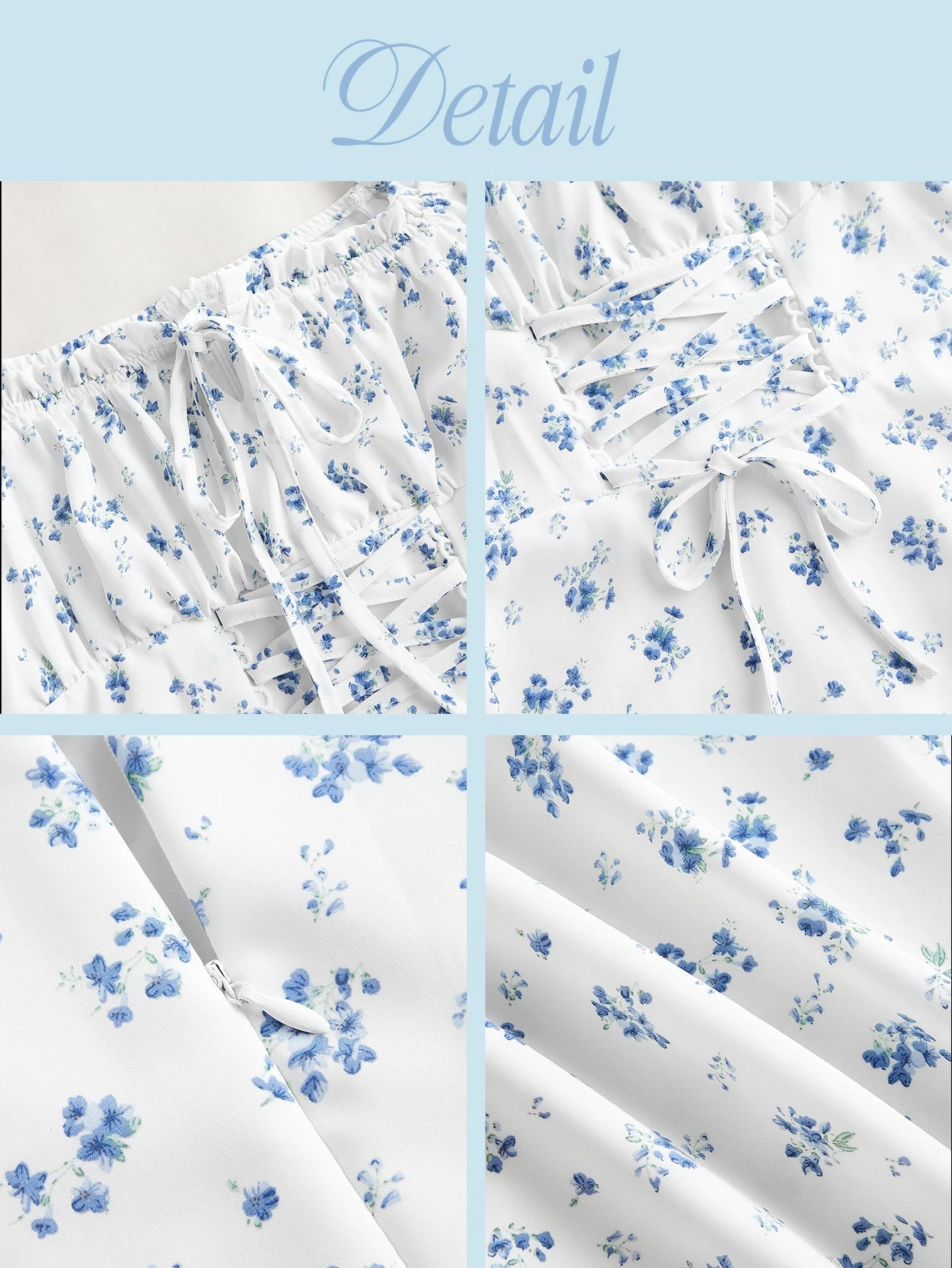 MOD Ditsy Floral Print Tie Front Puff Sleeve Blue And White Breast Cup Pleated Short Dress, Graduation Dress