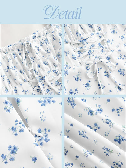 MOD Ditsy Floral Print Tie Front Puff Sleeve Blue And White Breast Cup Pleated Short Dress, Graduation Dress