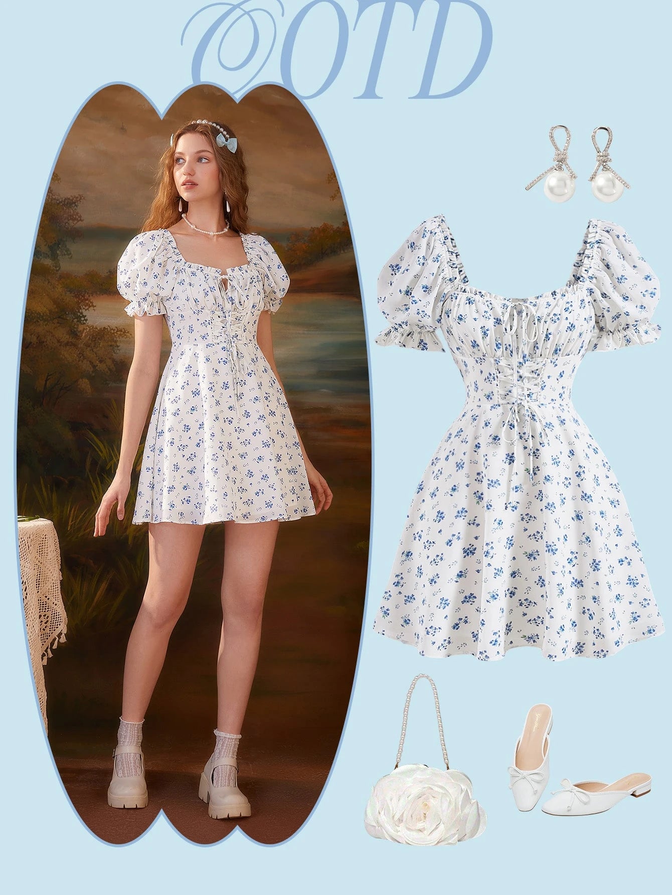 MOD Ditsy Floral Print Tie Front Puff Sleeve Blue And White Breast Cup Pleated Short Dress, Graduation Dress