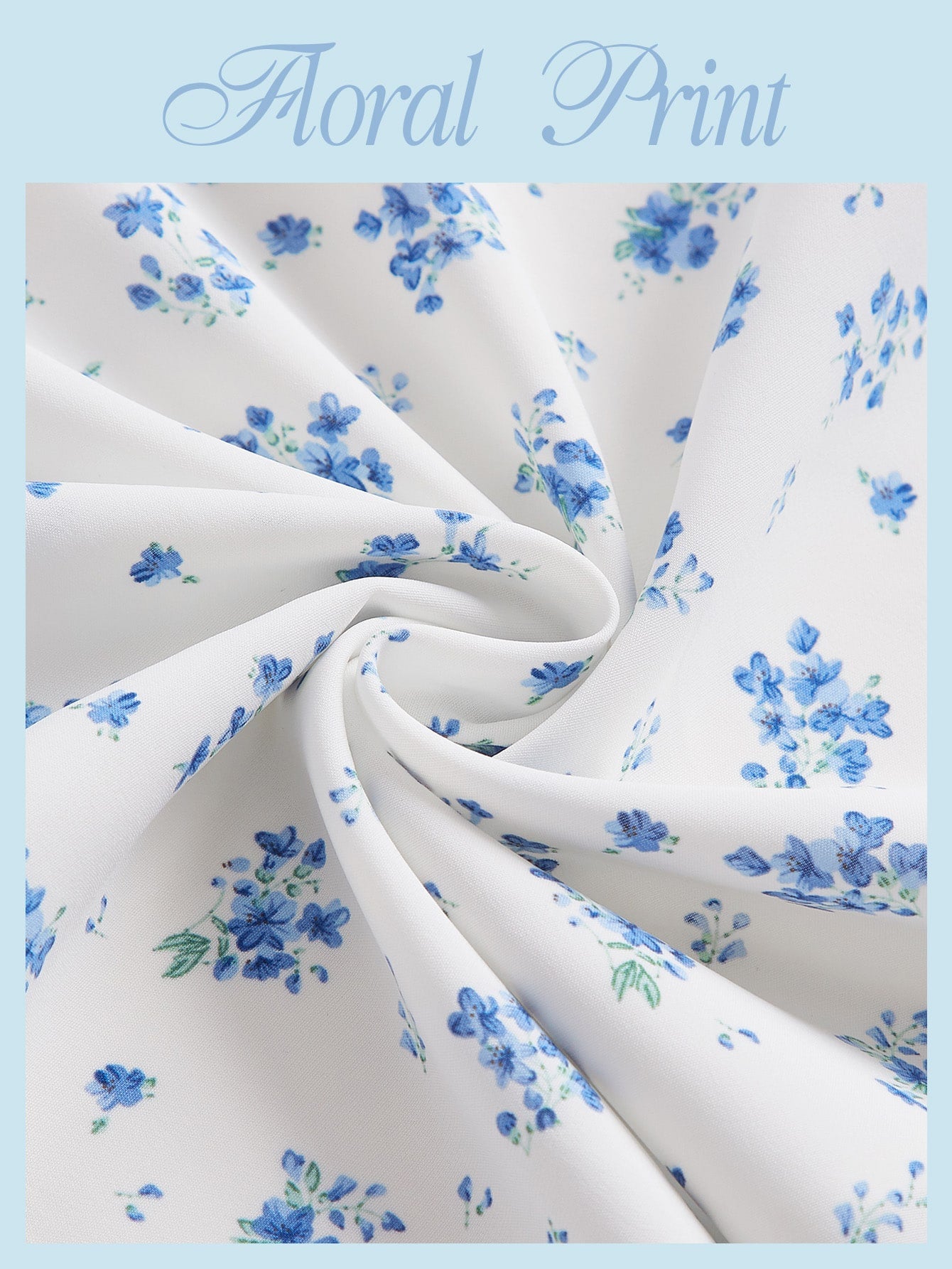 MOD Ditsy Floral Print Tie Front Puff Sleeve Blue And White Breast Cup Pleated Short Dress, Graduation Dress