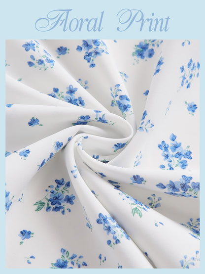 MOD Ditsy Floral Print Tie Front Puff Sleeve Blue And White Breast Cup Pleated Short Dress, Graduation Dress