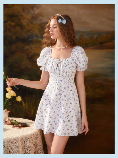 MOD Ditsy Floral Print Tie Front Puff Sleeve Blue And White Breast Cup Pleated Short Dress, Graduation Dress