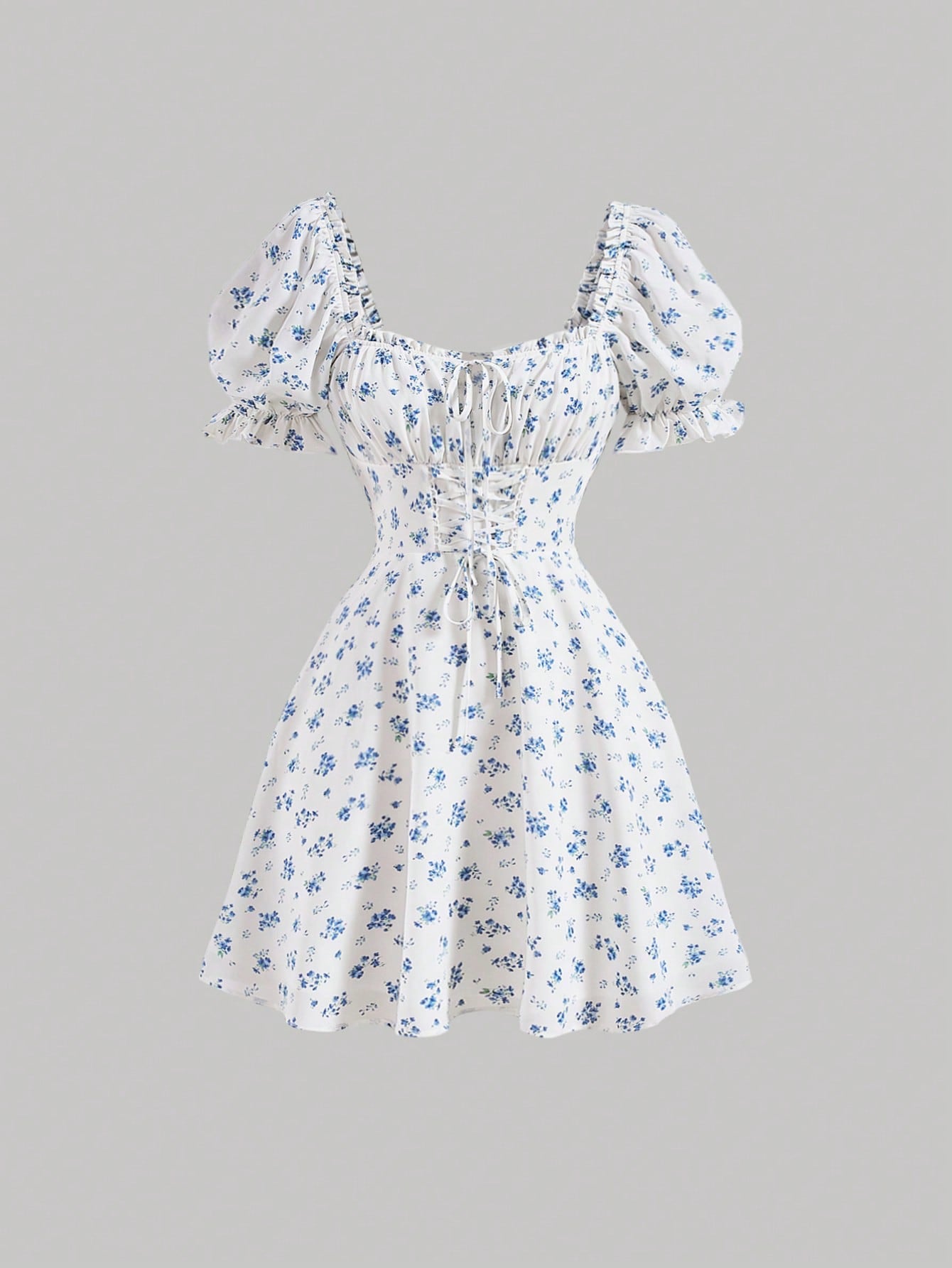 MOD Ditsy Floral Print Tie Front Puff Sleeve Blue And White Breast Cup Pleated Short Dress, Graduation Dress