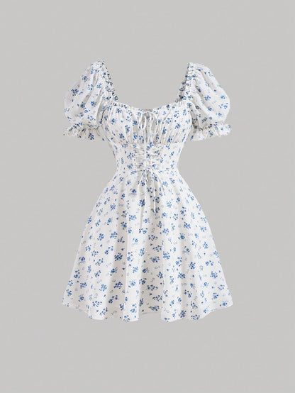 MOD Ditsy Floral Print Tie Front Puff Sleeve Blue And White Breast Cup Pleated Short Dress, Graduation Dress