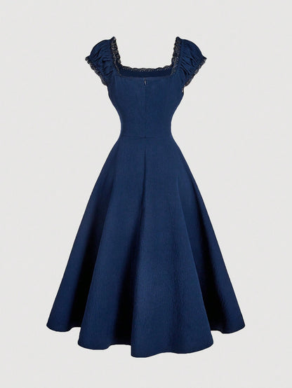 MOD Embroidered Shell Sleeve Navy Blue Mid-Length Elegant Dress