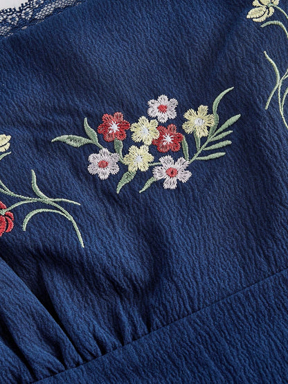 MOD Embroidered Shell Sleeve Navy Blue Mid-Length Elegant Dress