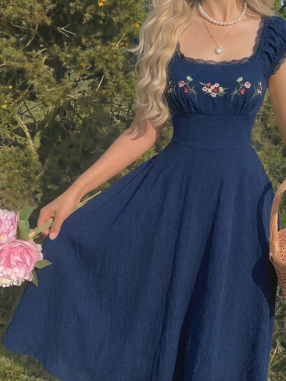 MOD Embroidered Shell Sleeve Navy Blue Mid-Length Elegant Dress