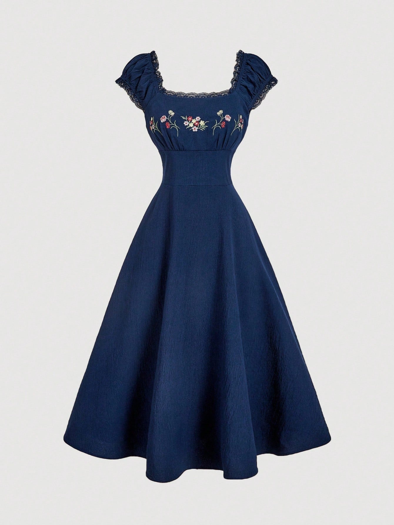 MOD Embroidered Shell Sleeve Navy Blue Mid-Length Elegant Dress