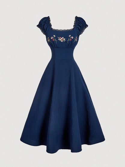 MOD Embroidered Shell Sleeve Navy Blue Mid-Length Elegant Dress