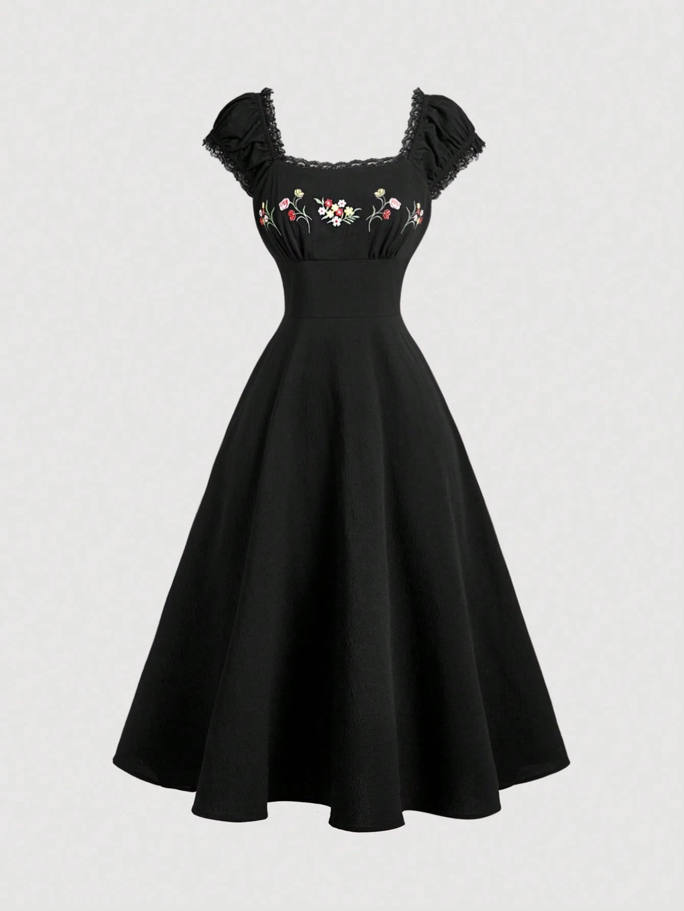 MOD Embroidered Shell Sleeve Navy Blue Mid-Length Elegant Dress