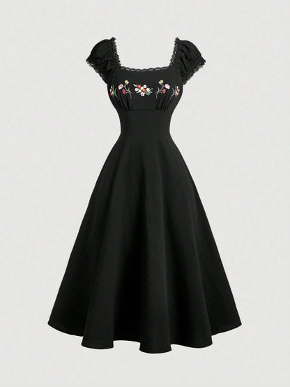 MOD Embroidered Shell Sleeve Navy Blue Mid-Length Elegant Dress