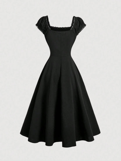 MOD Embroidered Shell Sleeve Navy Blue Mid-Length Elegant Dress
