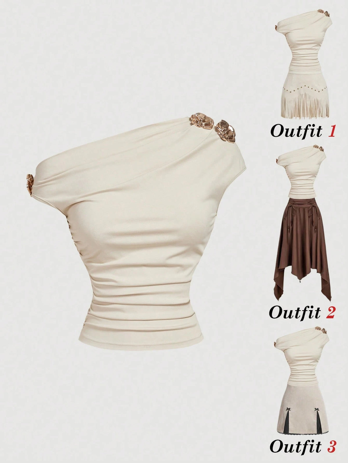 MOD Women's Beige Elegant Party Night Summer T-Shirt,Metal 3D Floral Decor Ruched Shoulder Top,Birthday Carnival Costume Casual Tee