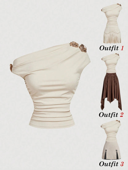 MOD Women's Beige Elegant Party Night Summer T-Shirt,Metal 3D Floral Decor Ruched Shoulder Top,Birthday Carnival Costume Casual Tee