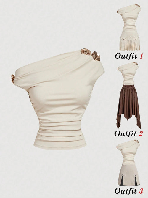 MOD Women's Beige Elegant Party Night Summer T-Shirt,Metal 3D Floral Decor Ruched Shoulder Top,Birthday Carnival Costume Casual Tee