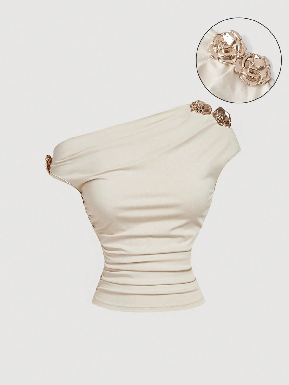 MOD Women's Beige Elegant Party Night Summer T-Shirt,Metal 3D Floral Decor Ruched Shoulder Top,Birthday Carnival Costume Casual Tee