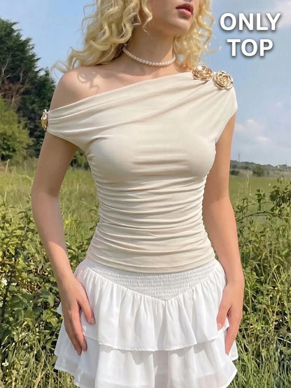 MOD Women's Beige Elegant Party Night Summer T-Shirt,Metal 3D Floral Decor Ruched Shoulder Top,Birthday Carnival Costume Casual Tee