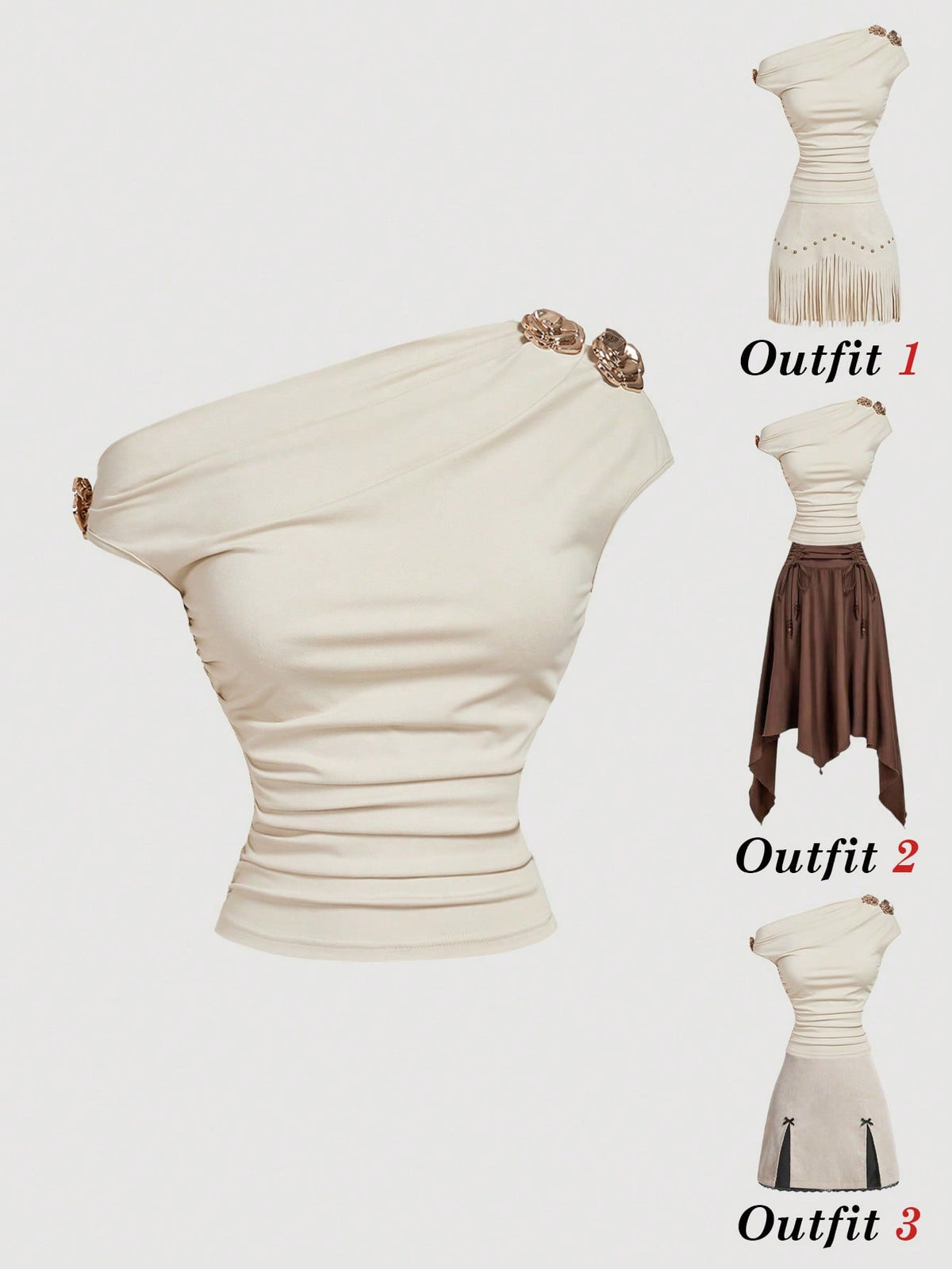 MOD Women's Beige Elegant Party Night Summer T-Shirt,Metal 3D Floral Decor Ruched Shoulder Top,Birthday Carnival Costume Casual Tee