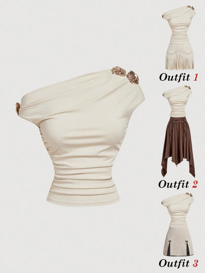 MOD Women's Beige Elegant Party Night Summer T-Shirt,Metal 3D Floral Decor Ruched Shoulder Top,Birthday Carnival Costume Casual Tee