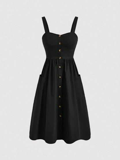 MOD Women's Casual Solid Color Button Front Strap Sleeveless Dress, Summer,Bohemia,Summer Dresses For Women
