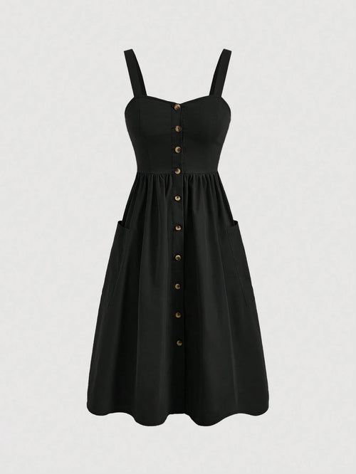 MOD Women's Casual Solid Color Button Front Strap Sleeveless Dress, Summer,Bohemia,Summer Dresses For Women