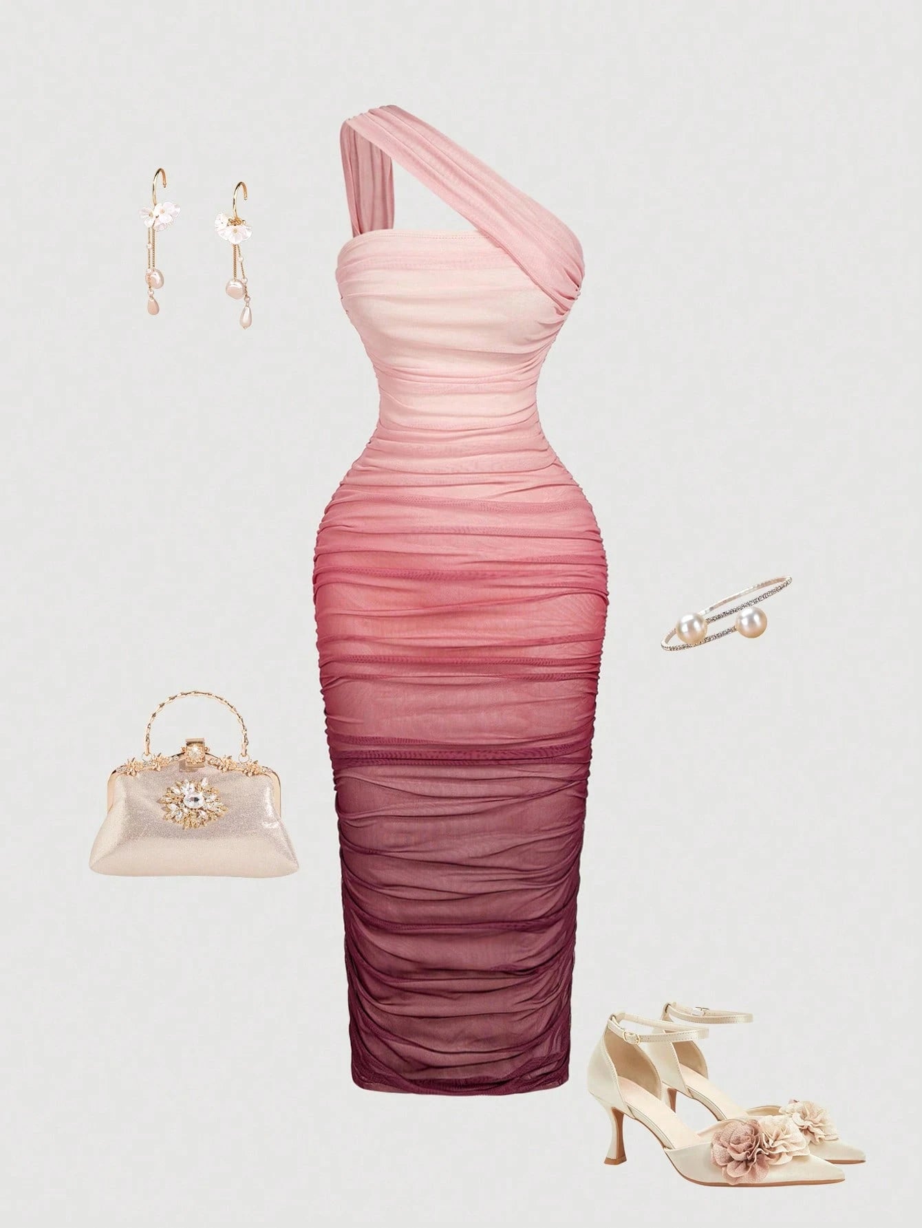 MOD Women's Ombre Ruched Bodycon One Shoulder Mesh Midi Dress Purple Summer Elegant Sexy Wedding Birthday Gender Reveal Ninang Gradient Sunset Outfit