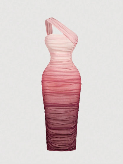 MOD Women's Ombre Ruched Bodycon One Shoulder Mesh Midi Dress Purple Summer Elegant Sexy Wedding Birthday Gender Reveal Ninang Gradient Sunset Outfit
